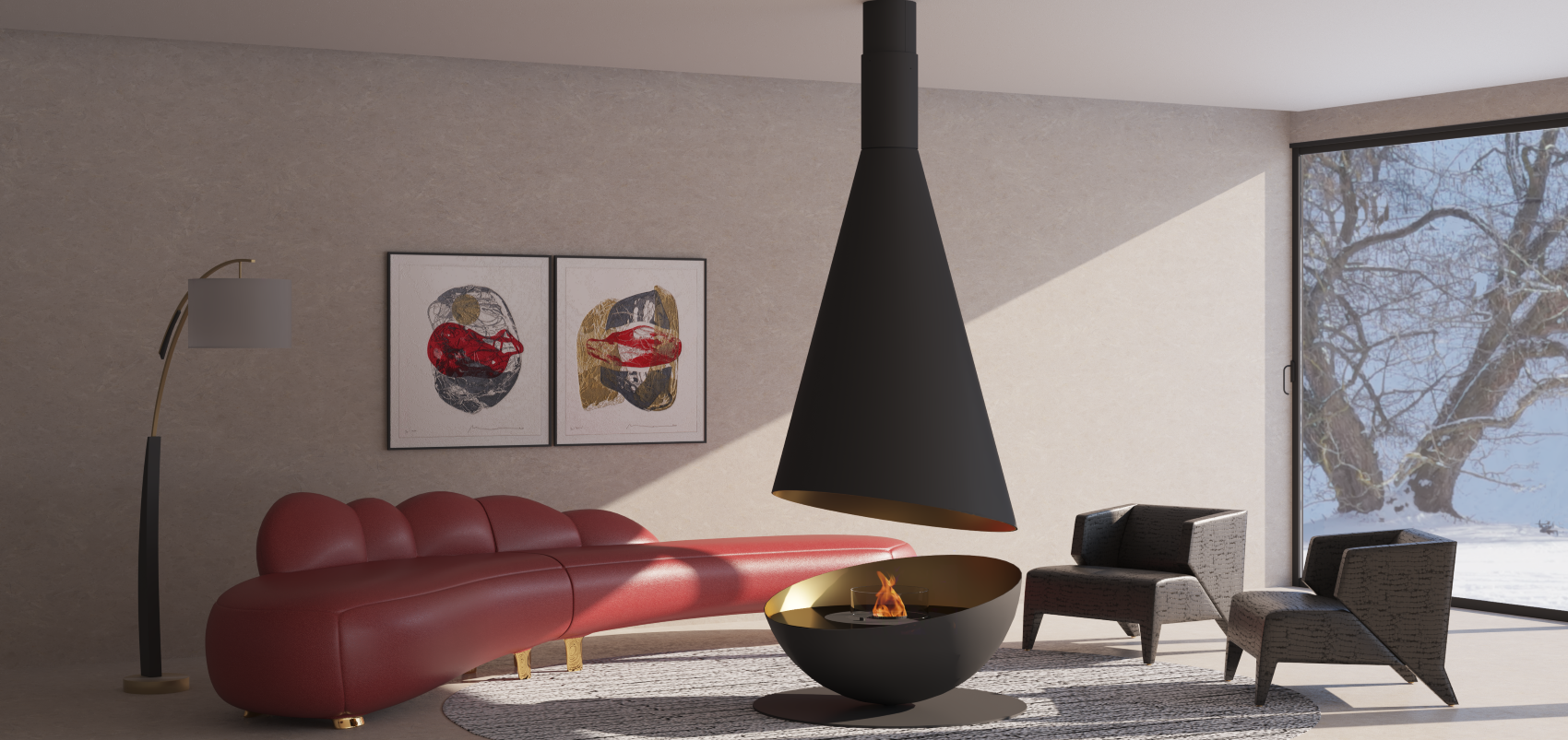 Glammfire suspended fireplace in contemporary living room