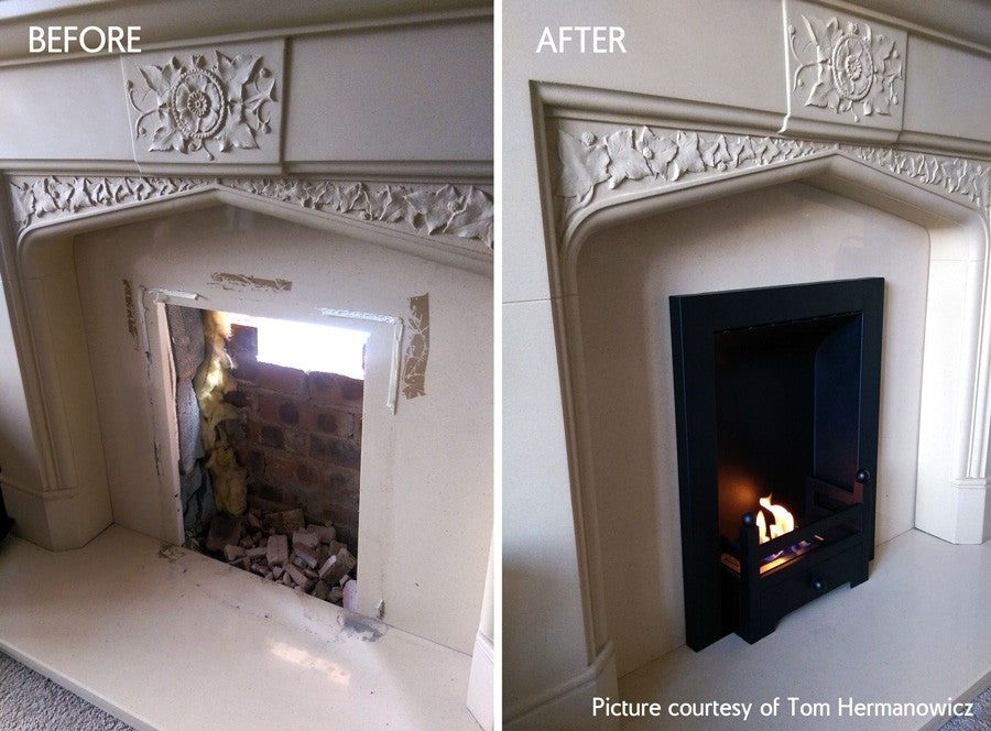 before /after replacement with DIY Bioethanol Insert in white stone fireplace and decorated mantelpiece