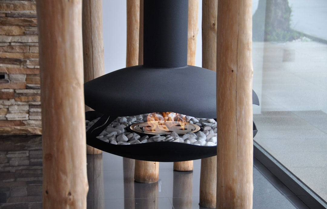 PEROLA Black Contemporary Bioethanol Stove with white pebbles