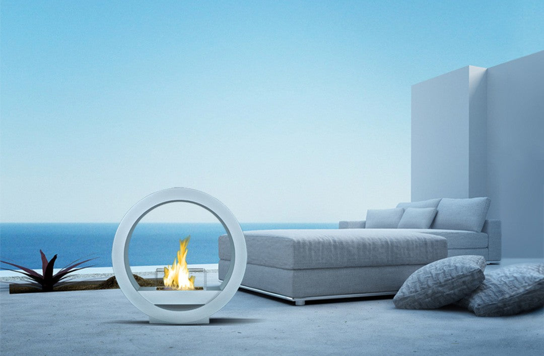 White GLOBE Fireplace on seafront terrace