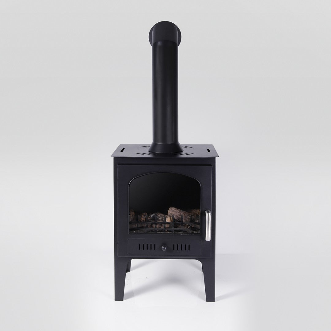 Front view Abingdon black stove with pipe 