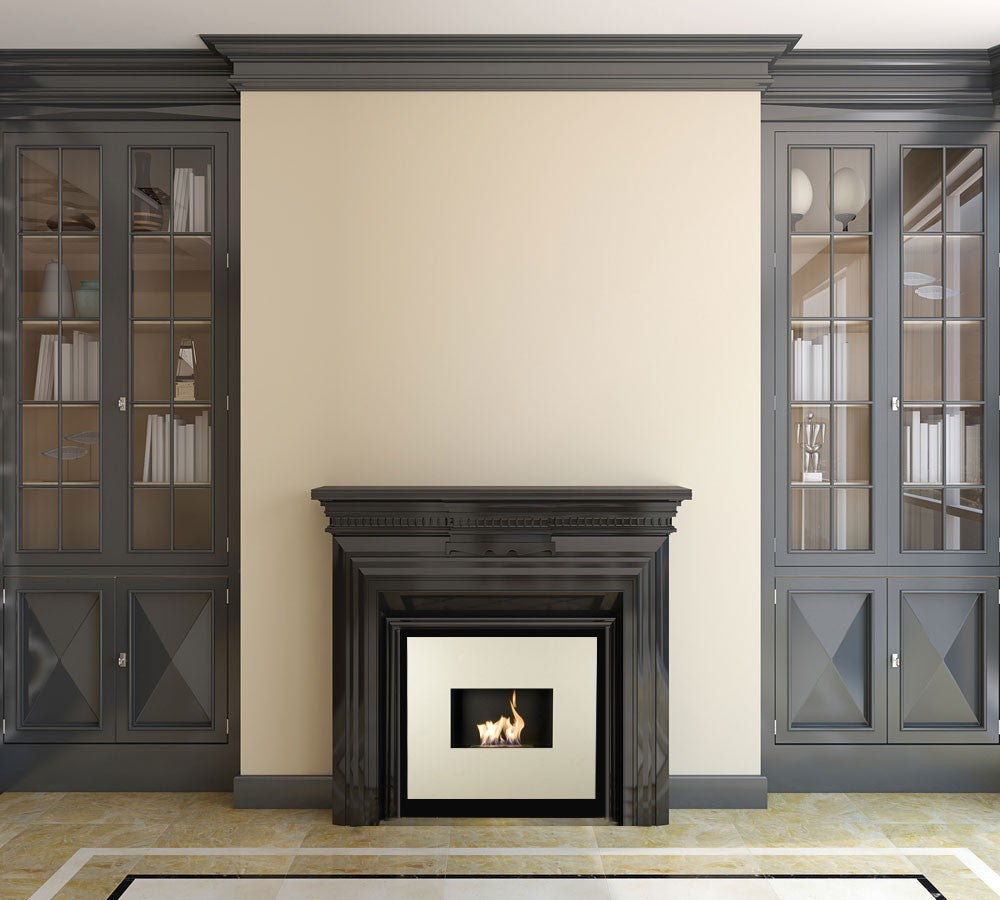 ONYX Cream Bioethanol Fireplace in pre-existing fireplace with black mantelpiece