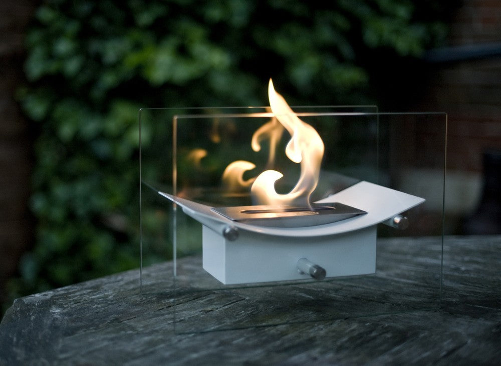 BOW White Bioethanol Burner on garden table