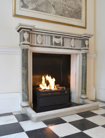 Black Montagu grate with 18 Cone Log Set + 11 Coals in white and green marble fireplace
