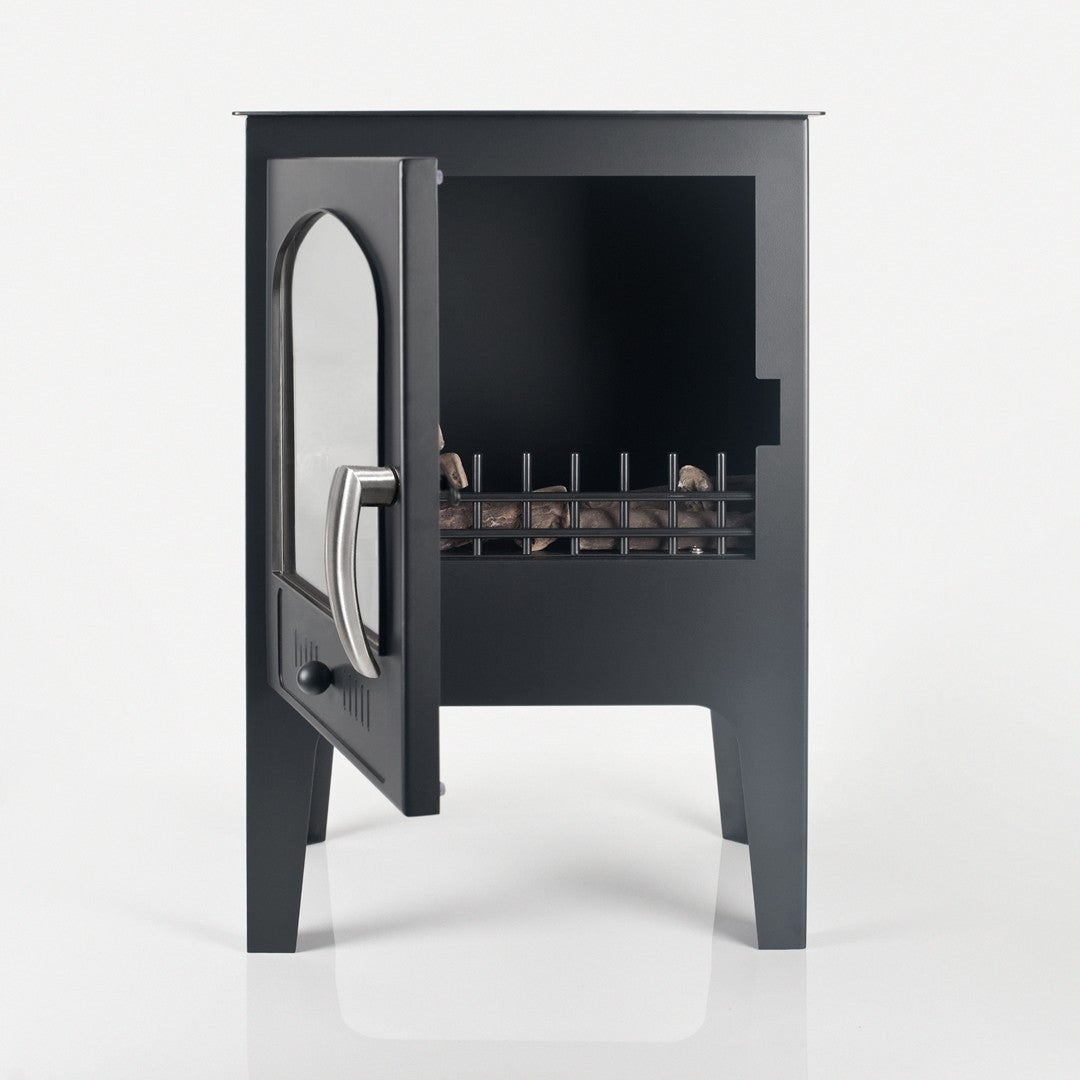 Abingdon black stove with open door