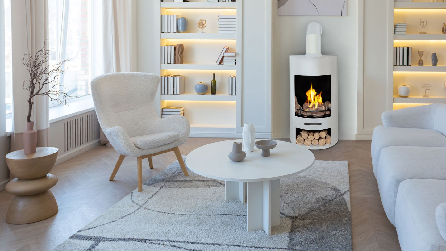 White Small Stove Pipe on white Luna stove in contemporary living room