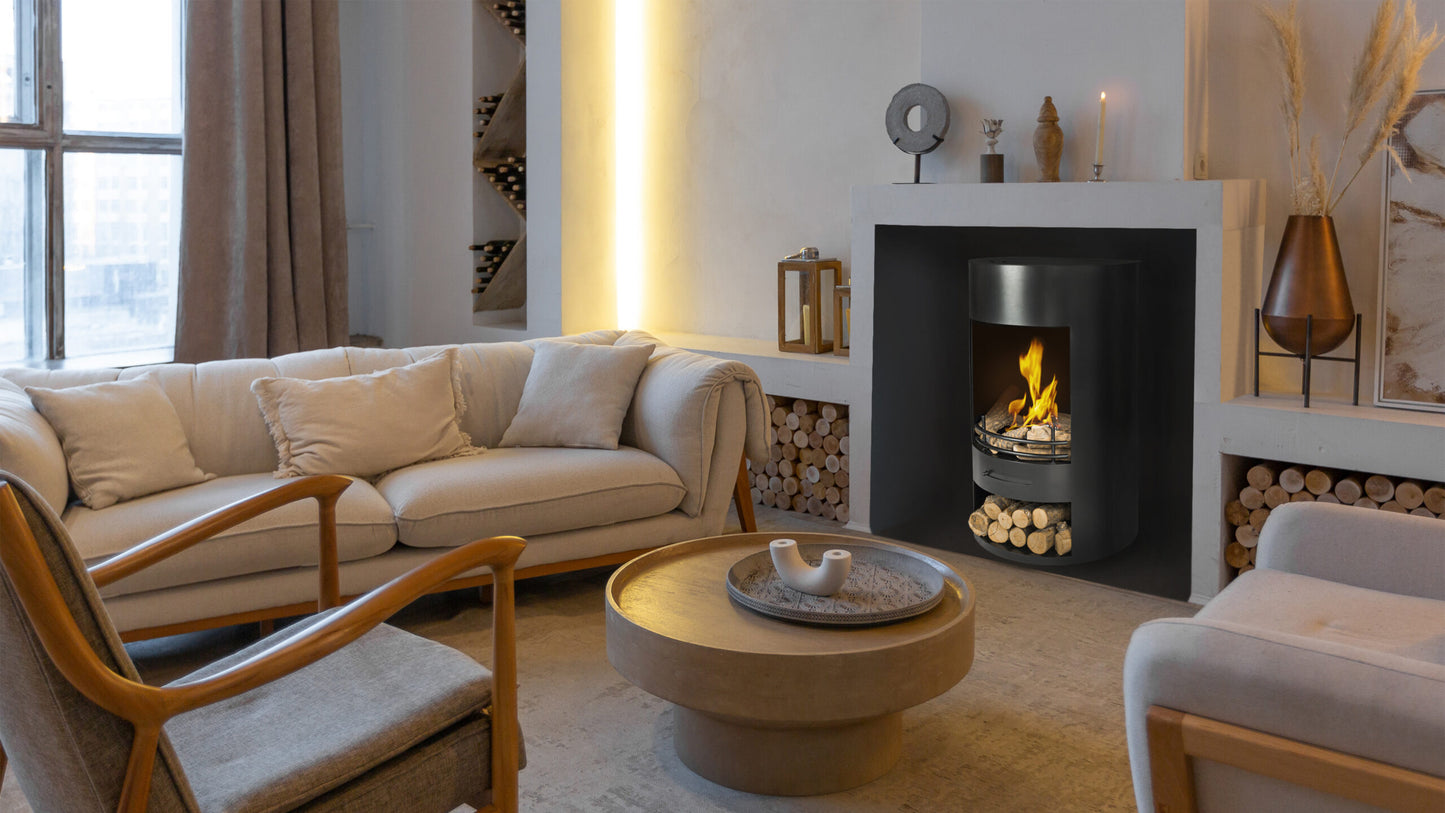 LUNA Black Modern Bioethanol Stove in pre-existing fireplace