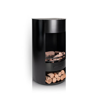LUNA Black Bioethanol Stove with ceramic accessories and real wood logs at the bottom
