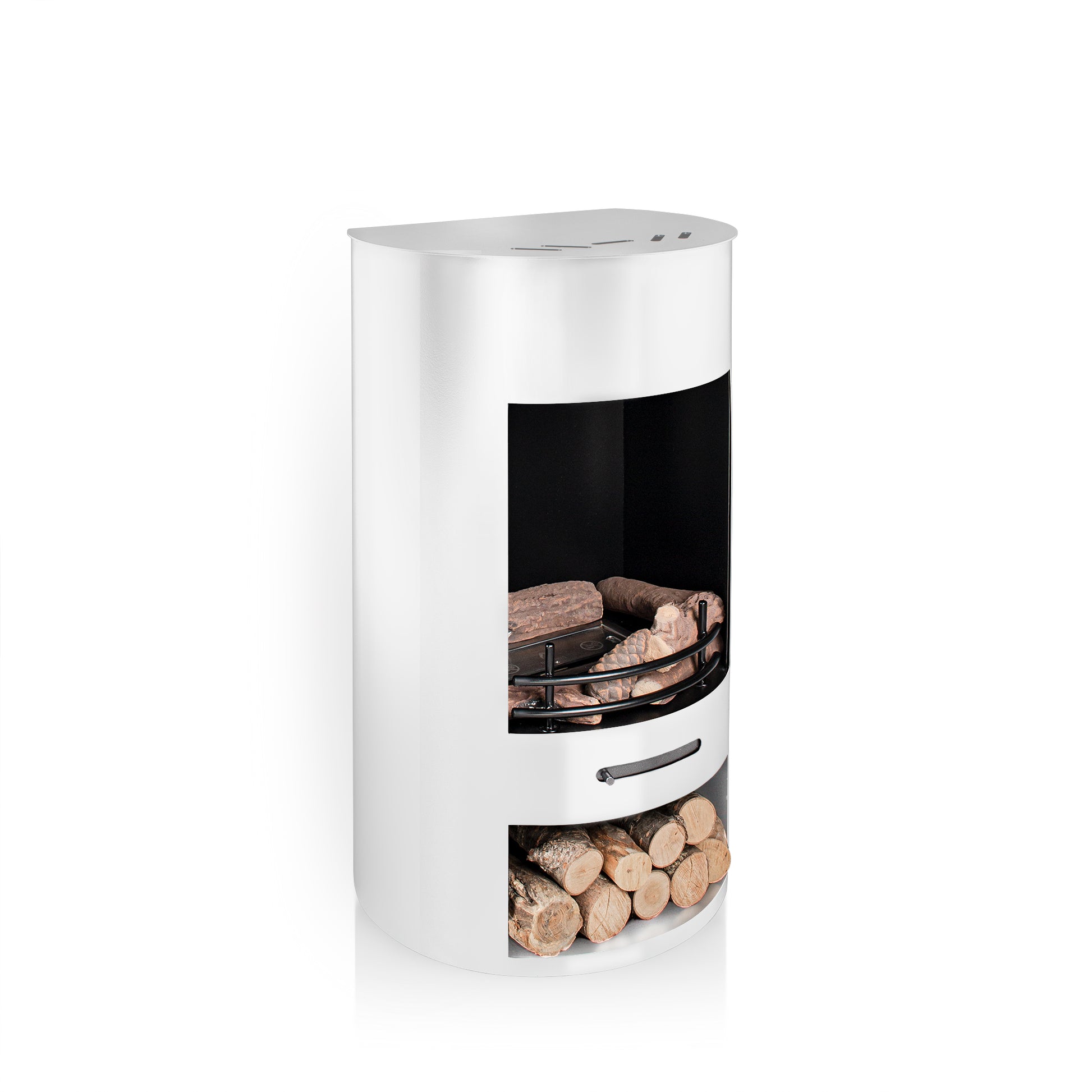 LUNA White Bioethanol Stove with ceramic logs and real wood logs at the bottom