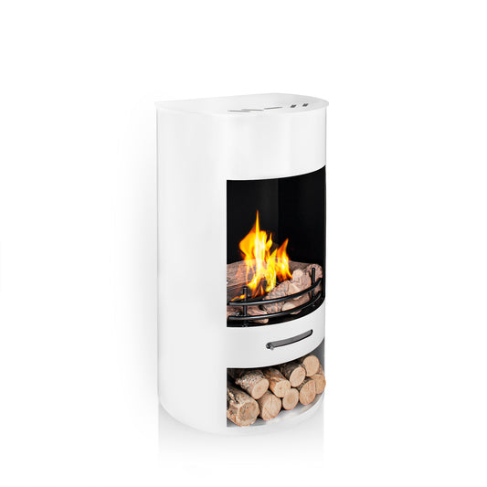 LUNA White Modern Bioethanol Stove with flame