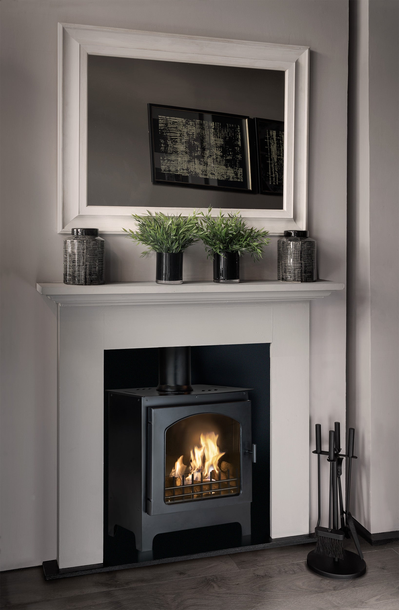 MULBERRY Black Bioethanol Stove with white mantelpiece