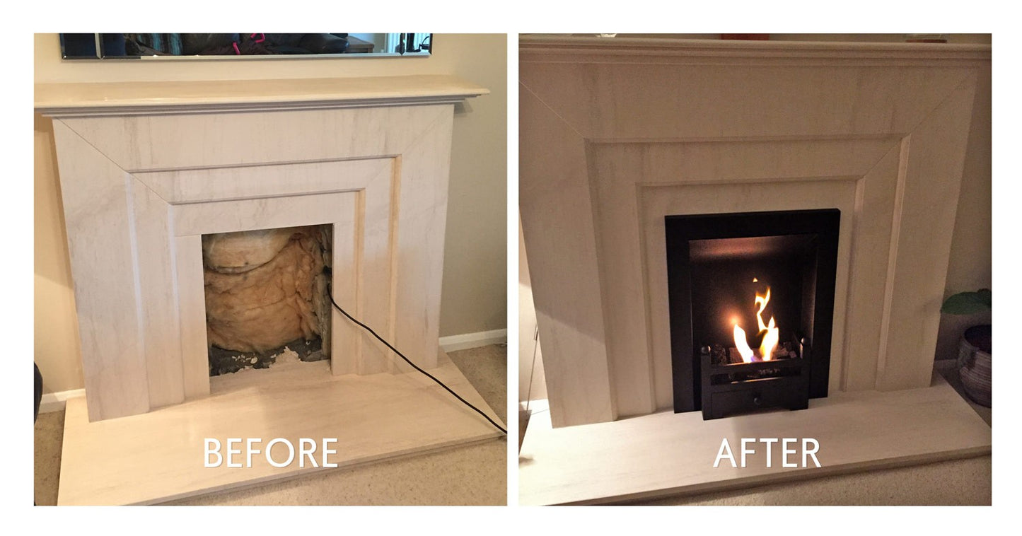 before /after replacement with DIY Bioethanol Insert for Electric Fireplaces  in white marble mantelpiece