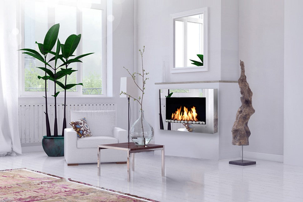 White Pebbles 48 pieces in Phantom mirrored fireplace in living room