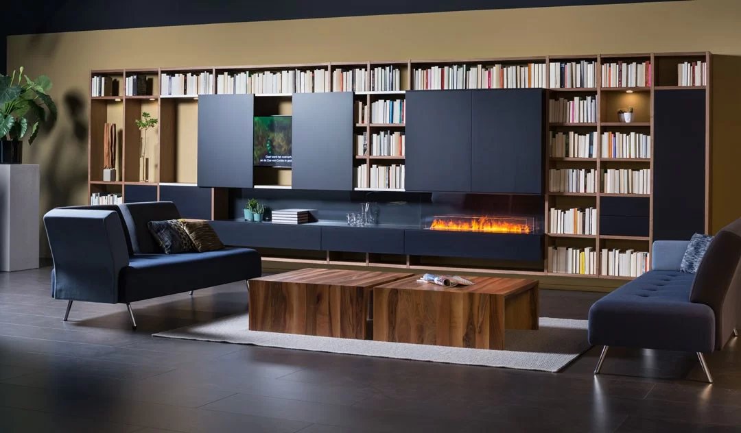 MISTERO Magic Fire in living room with library