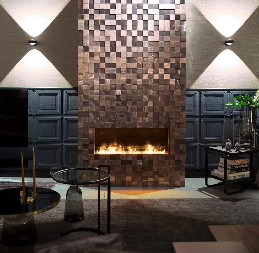 MISTERO Magic Fire in living room with mosaic wall