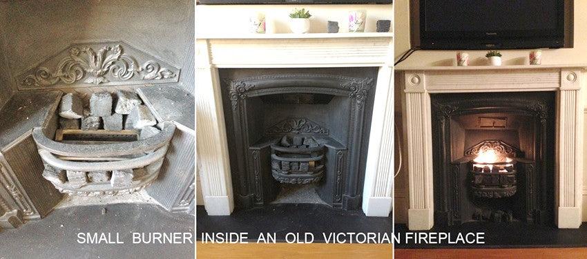 CONTAINER Small Burner Insert in old Victorian fireplace