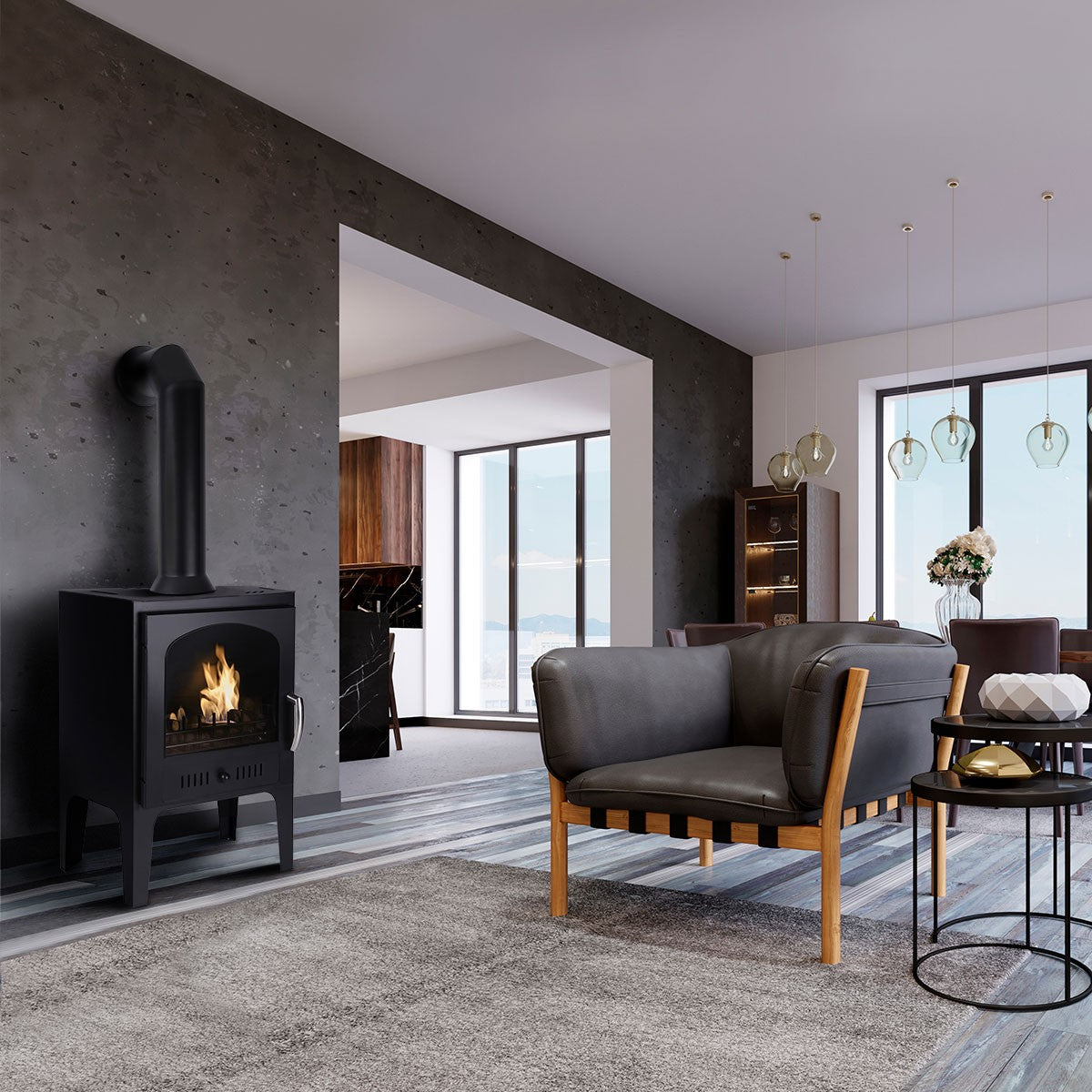 Black Large Stove Pipe on Abingdon stove in modern living room