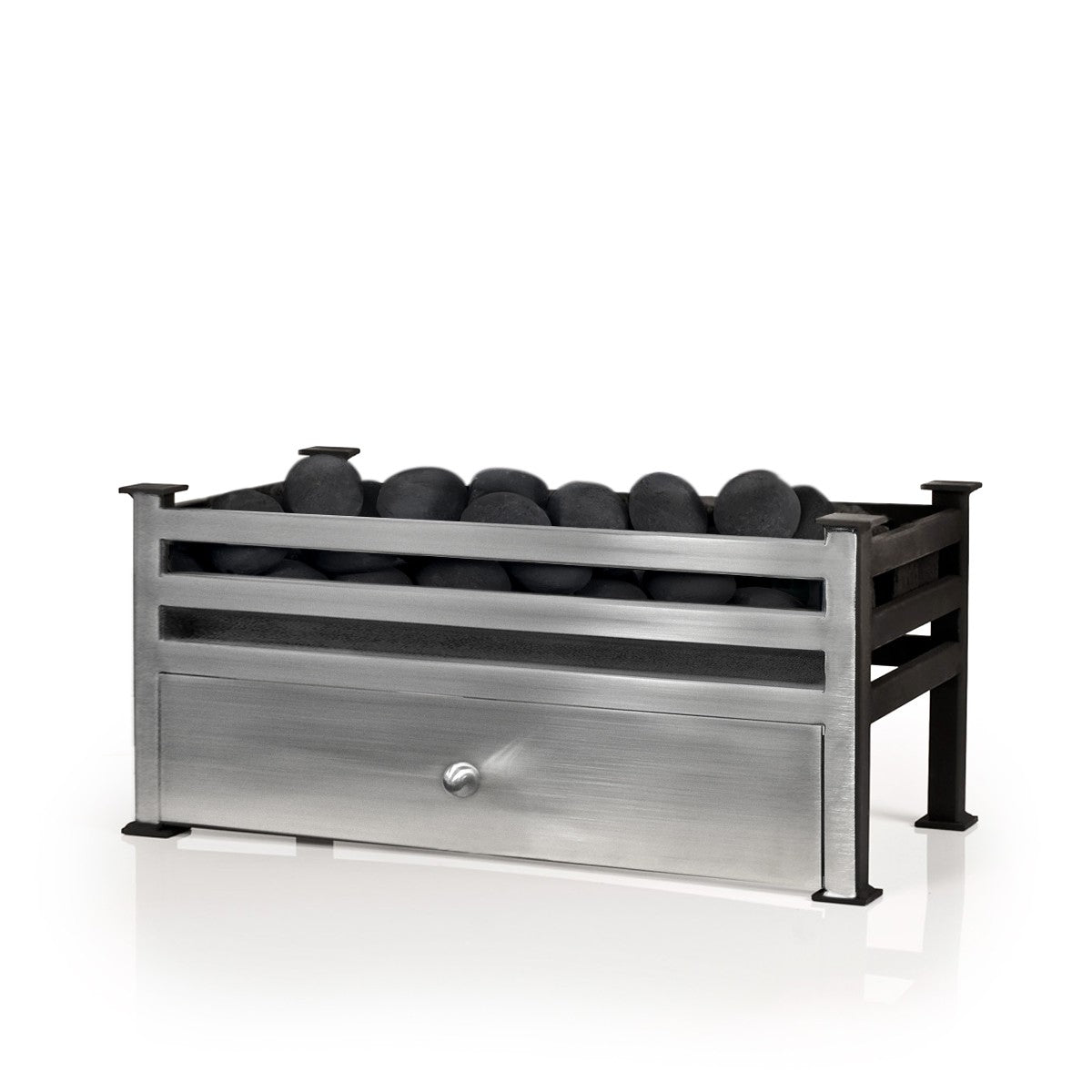 MONTAGU Polished Steel Grate with black pebbles