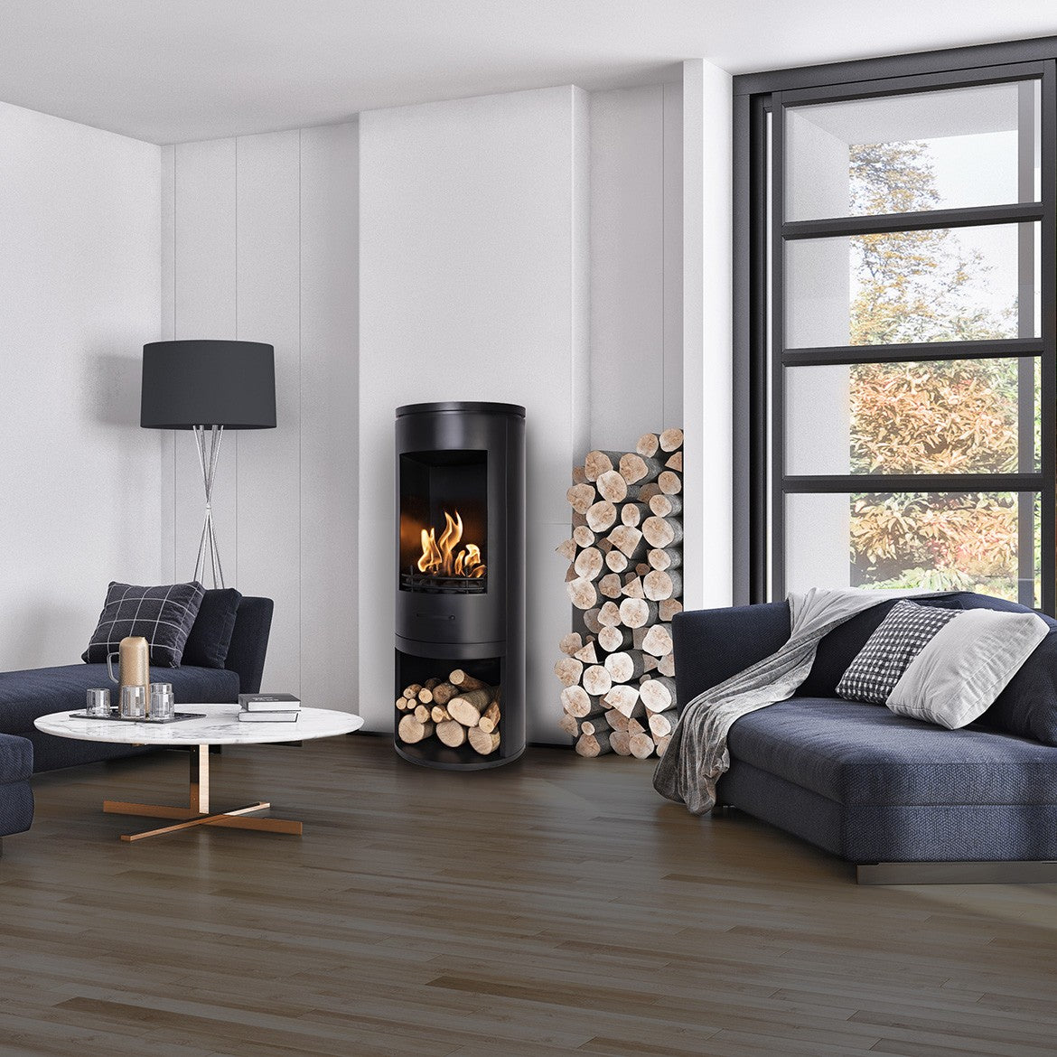 CYLINDER Black Modern XL Bioethanol Stove in modern living room