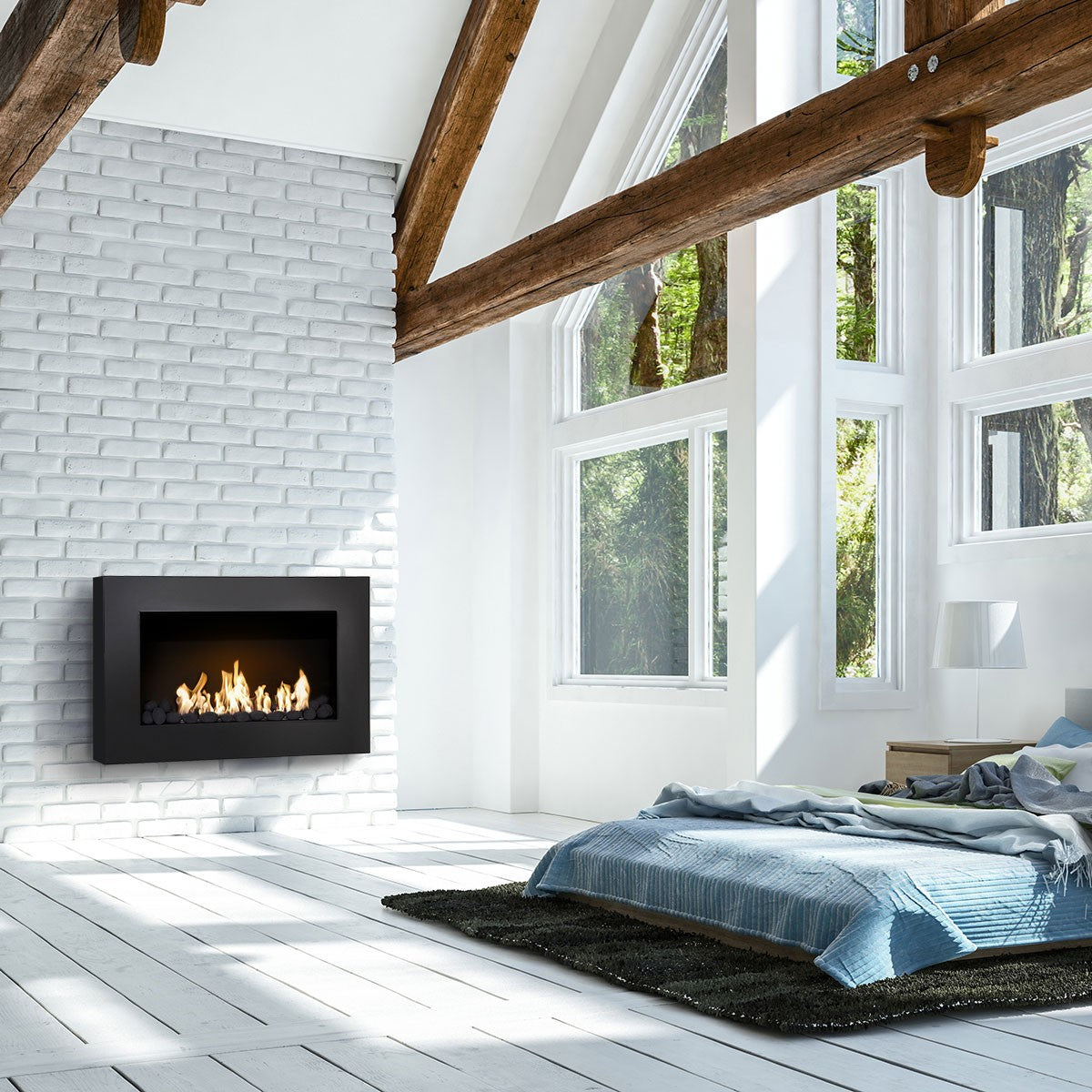 Black Pebbles 24 pieces in Phantom fireplace in modern bedroom