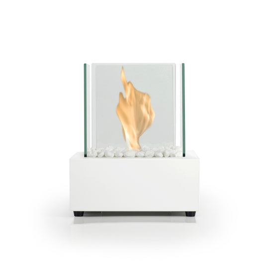 White CUBE Bioethanol Burner Tabletop with flame