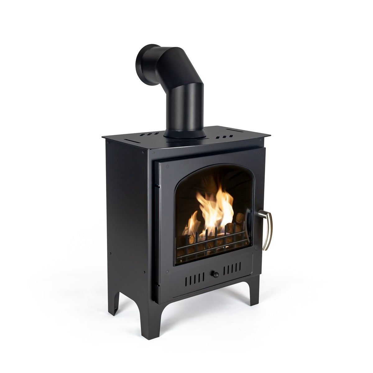 SLIMLINE Black Bioethanol Stove with pipe_angled view