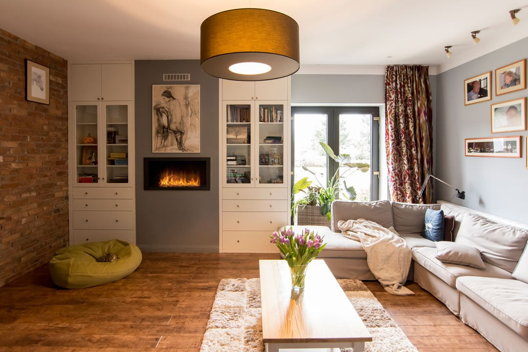 ribbon flame in living room between cabinets