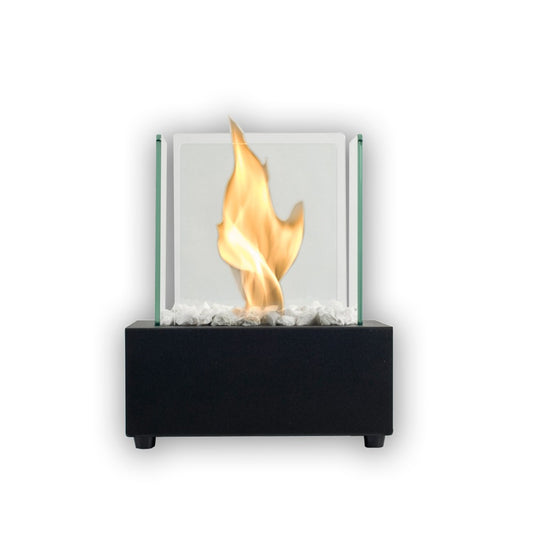 Black CUBE Bioethanol Burner Tabletop with flame