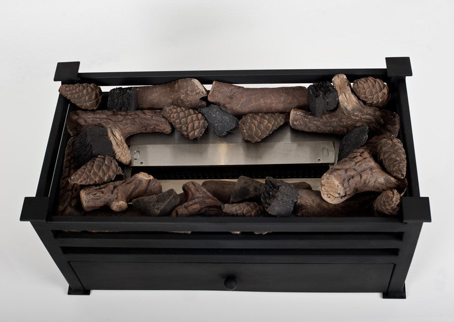MONTAGU Black Bioethanol Grate with logs and coals top view