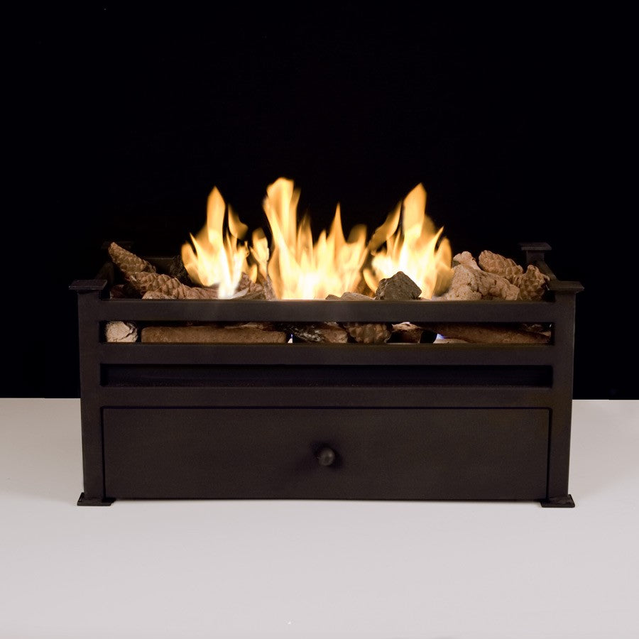 Black Montagu basket with 18 Cone Log Set + 11 Coals (front view)