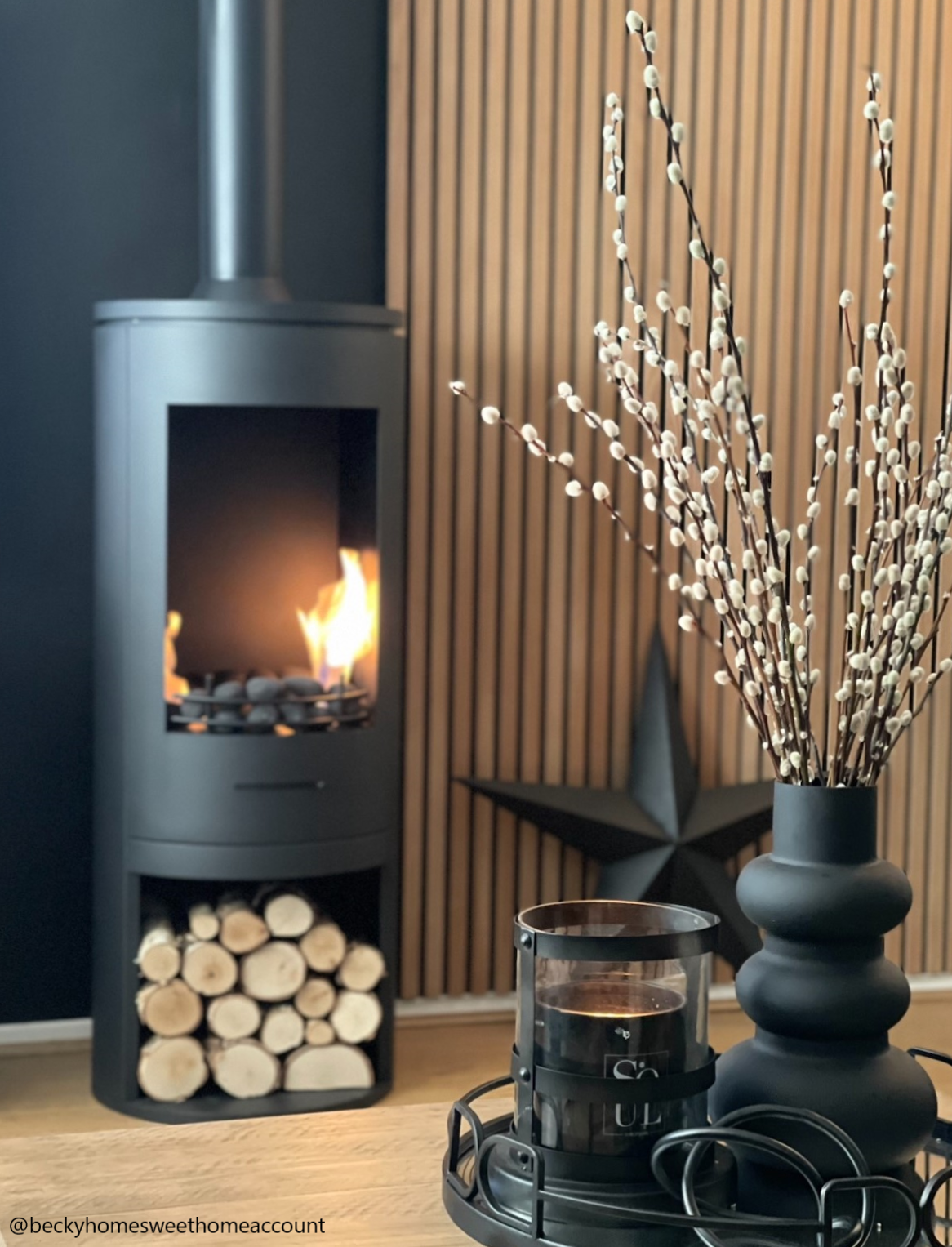 Black Large Stove Pipe on Cylinder Stove with  modern decorative ornaments