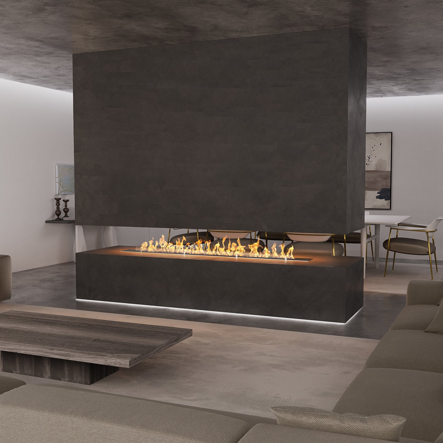 long open island fireplace as room divider between living and dining rooms