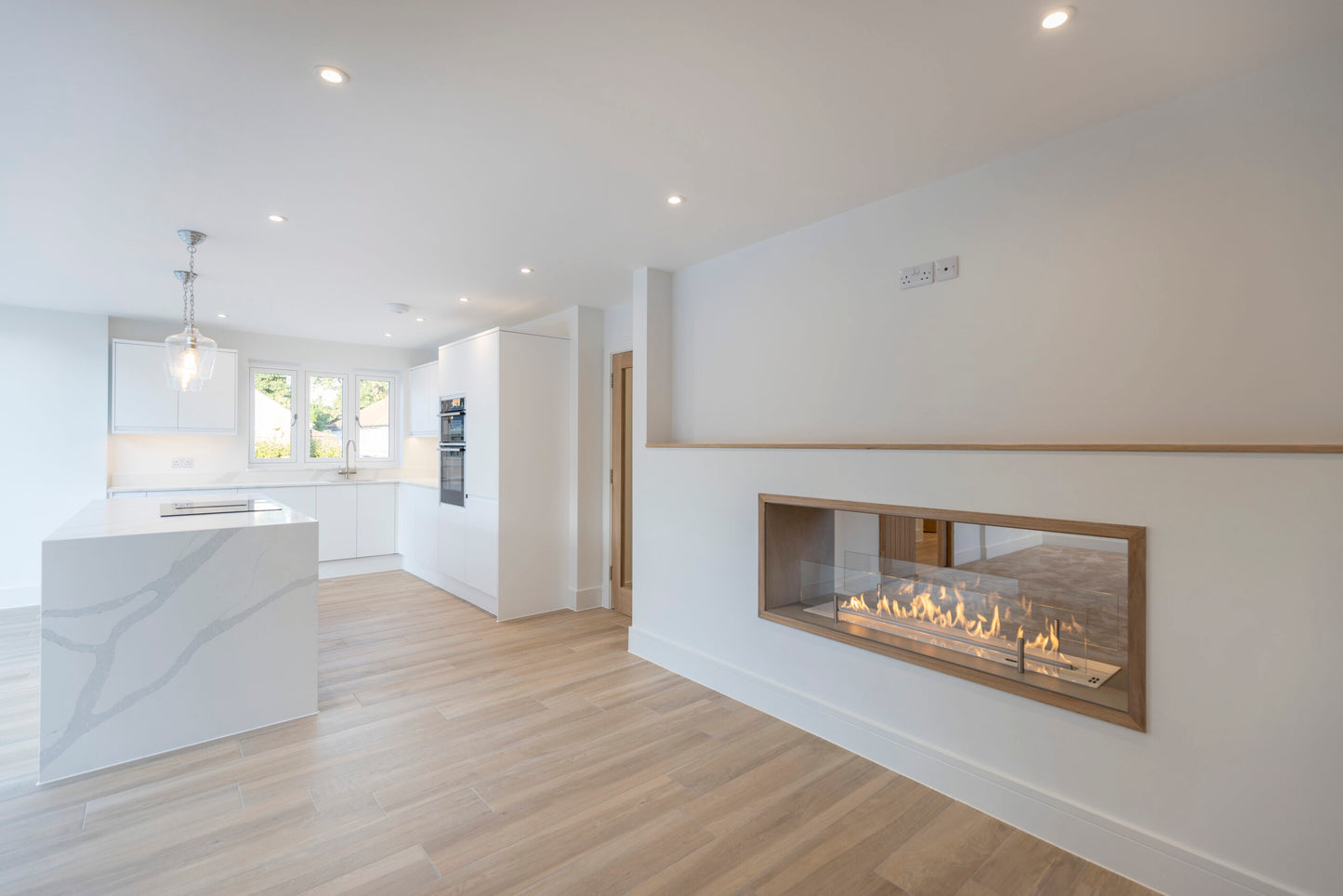 see-through fireplace in kitchen