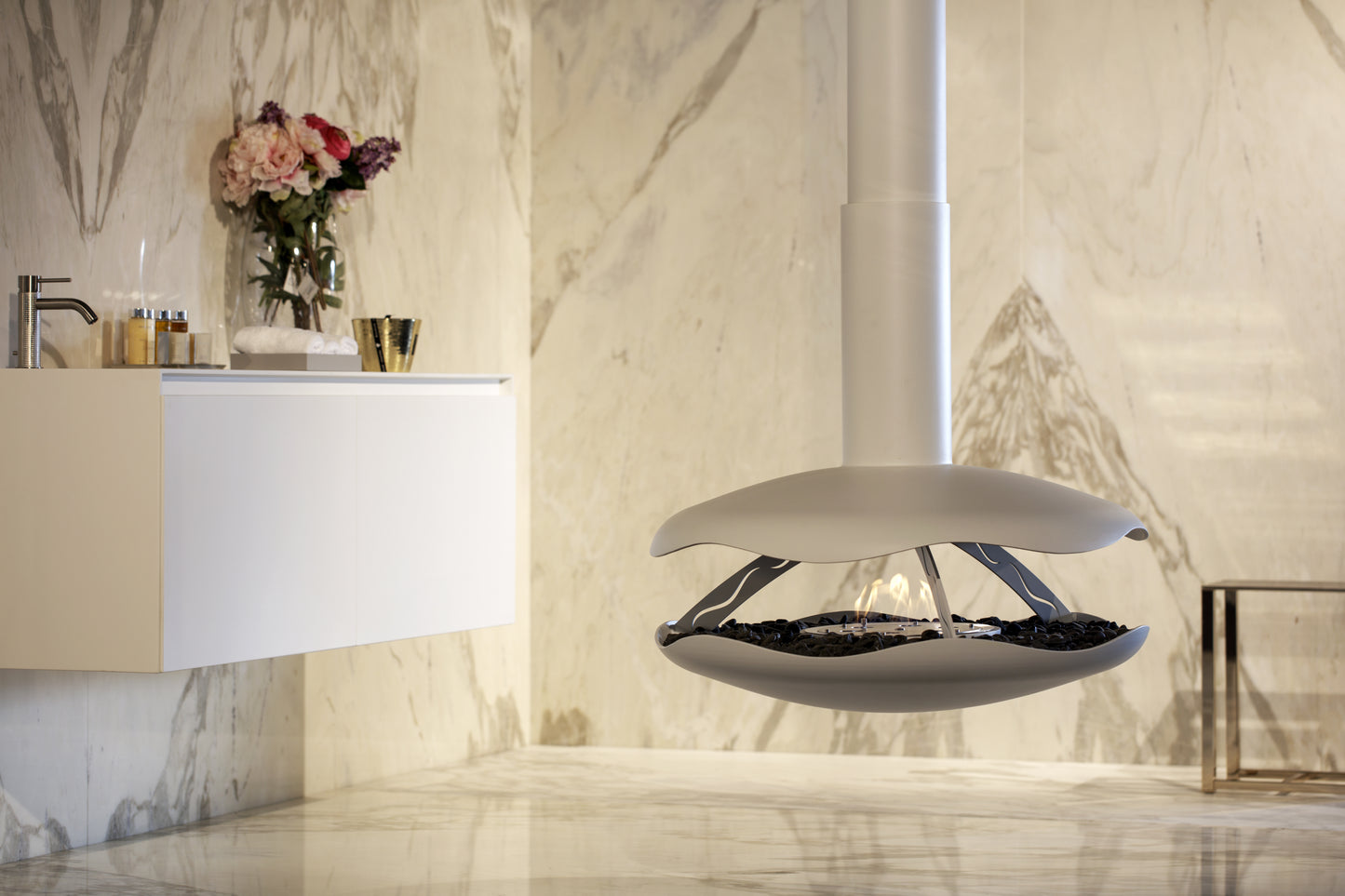 PEROLA White Contemporary Bioethanol Stove by bathroom sink, with marble surroundings.