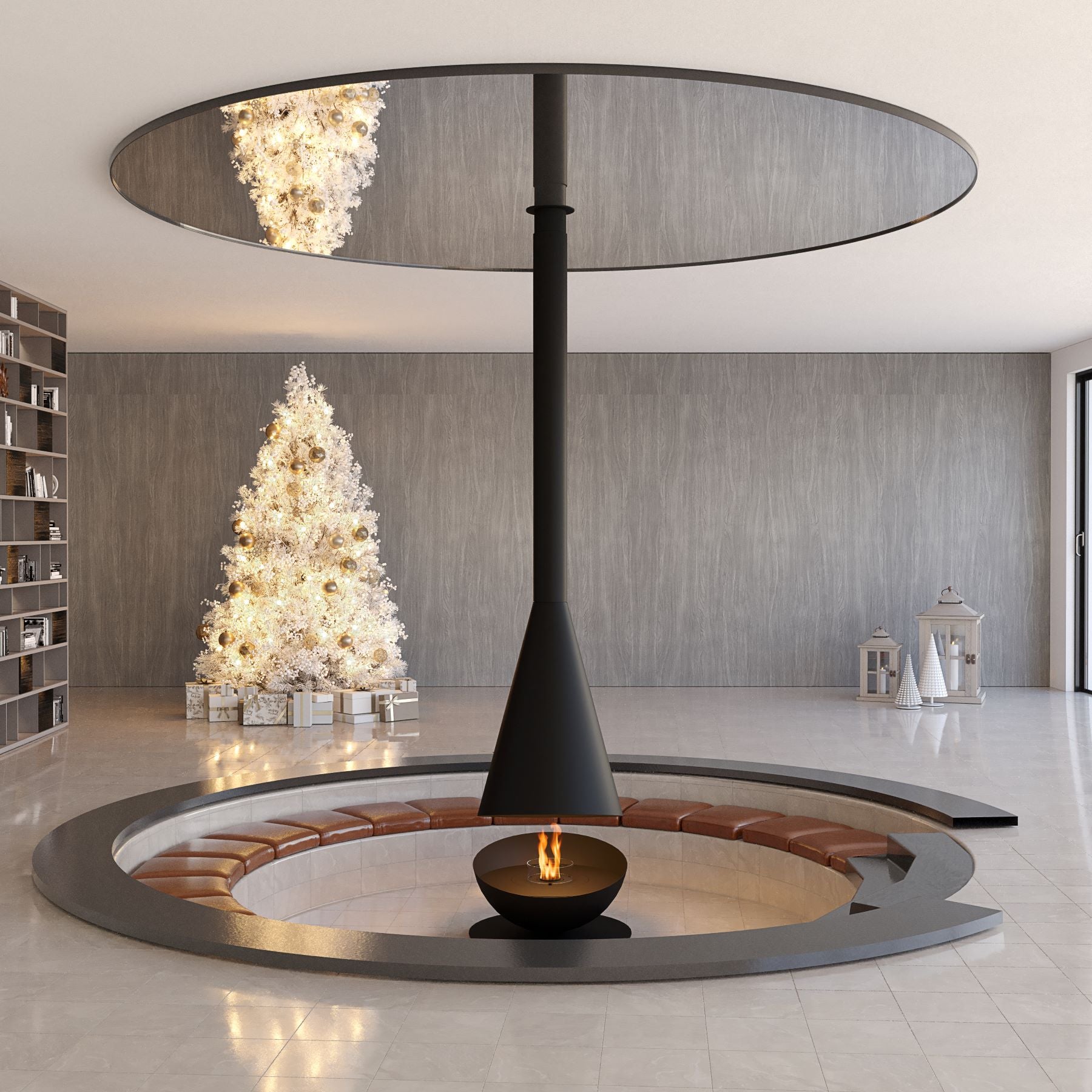 THALES Black in ultramodern living room with mirrored ceiling. Central focus in the middle of a sitting area with library and Christmas tree around