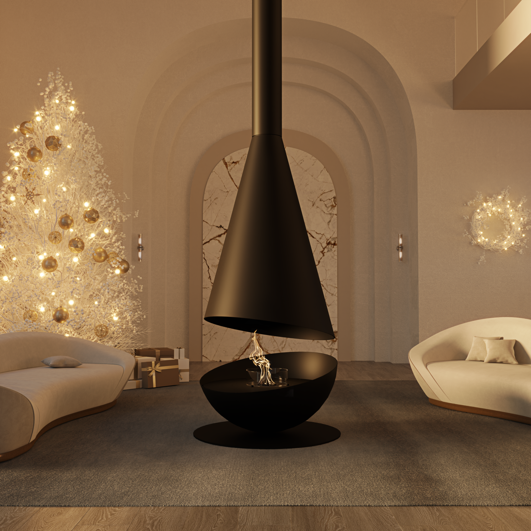 THALES Black in living room. Central focus between white sofas and white Christmas tree in the background.