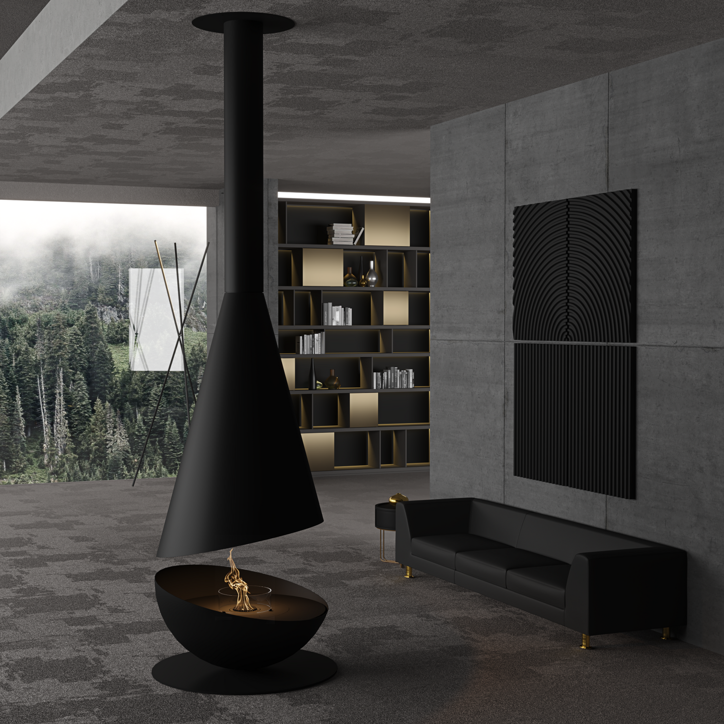 THALES Black in modern living room with library and black leather sofa. Wide windows in the background with view on the forest.