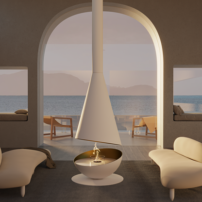 THALES White with golden interior between elegant white sofas on seafront hotel lounge/terrace