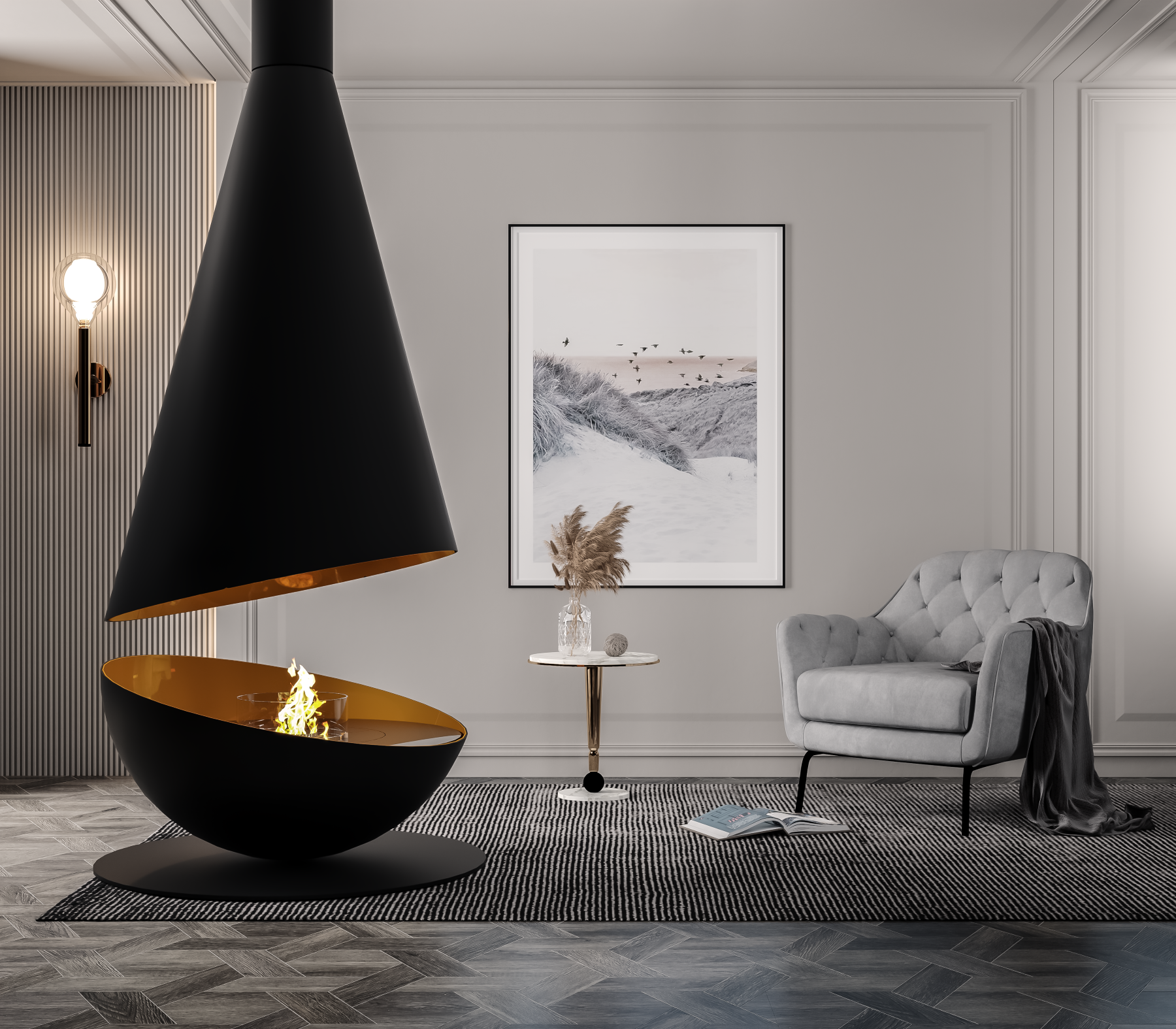 THALES Bioethanol Fireplace black with golden interior in light-coloured living room