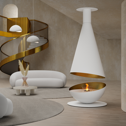 THALES Bioethanol Fireplace white with golden interior in modern living room