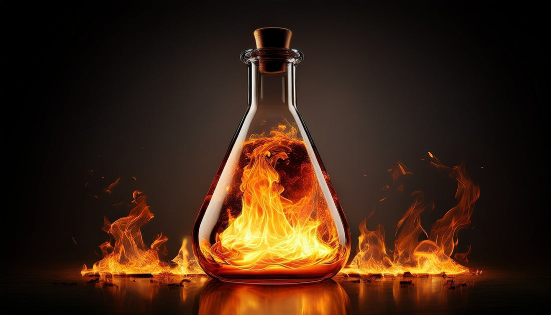 Big glass ampoule with flame inside and around it