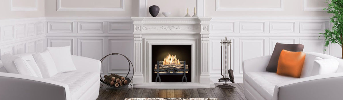 Black Ascot grate in pre-existing fireplace, elegant living room.