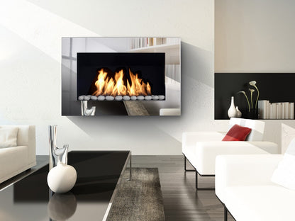 PHANTOM Mirrored Bioethanol Fireplace with white pebbles in living room