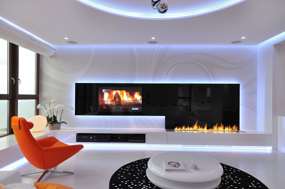 ribbon flame in white and black living room with TV on a side