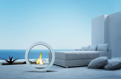 White GLOBE Fireplace on seafront terrace