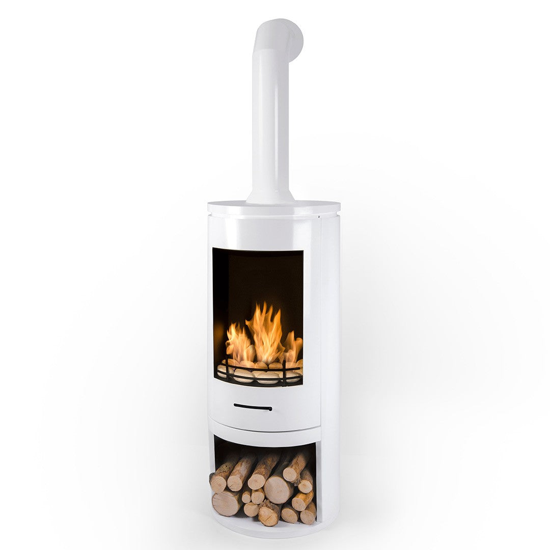 CYLINDER White Modern XL Bioethanol Stove with white pebbles and pipe