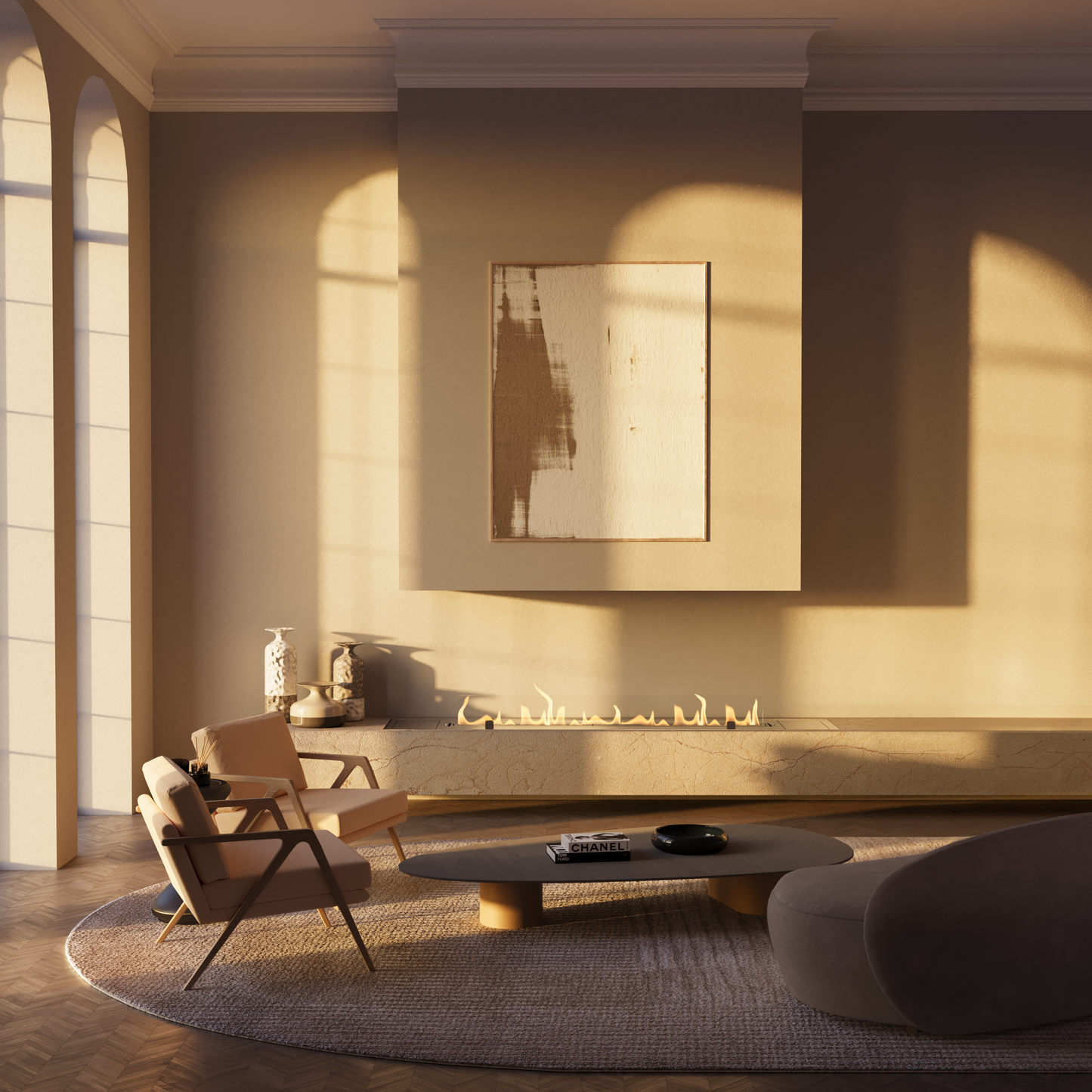Crea7ionEVOPlus  Insert in fireplace open on three sides with artwork above in contemporary light-coloured living room