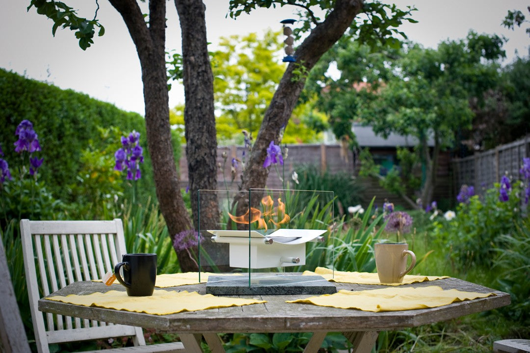 BOW White Bioethanol Burner on garden table