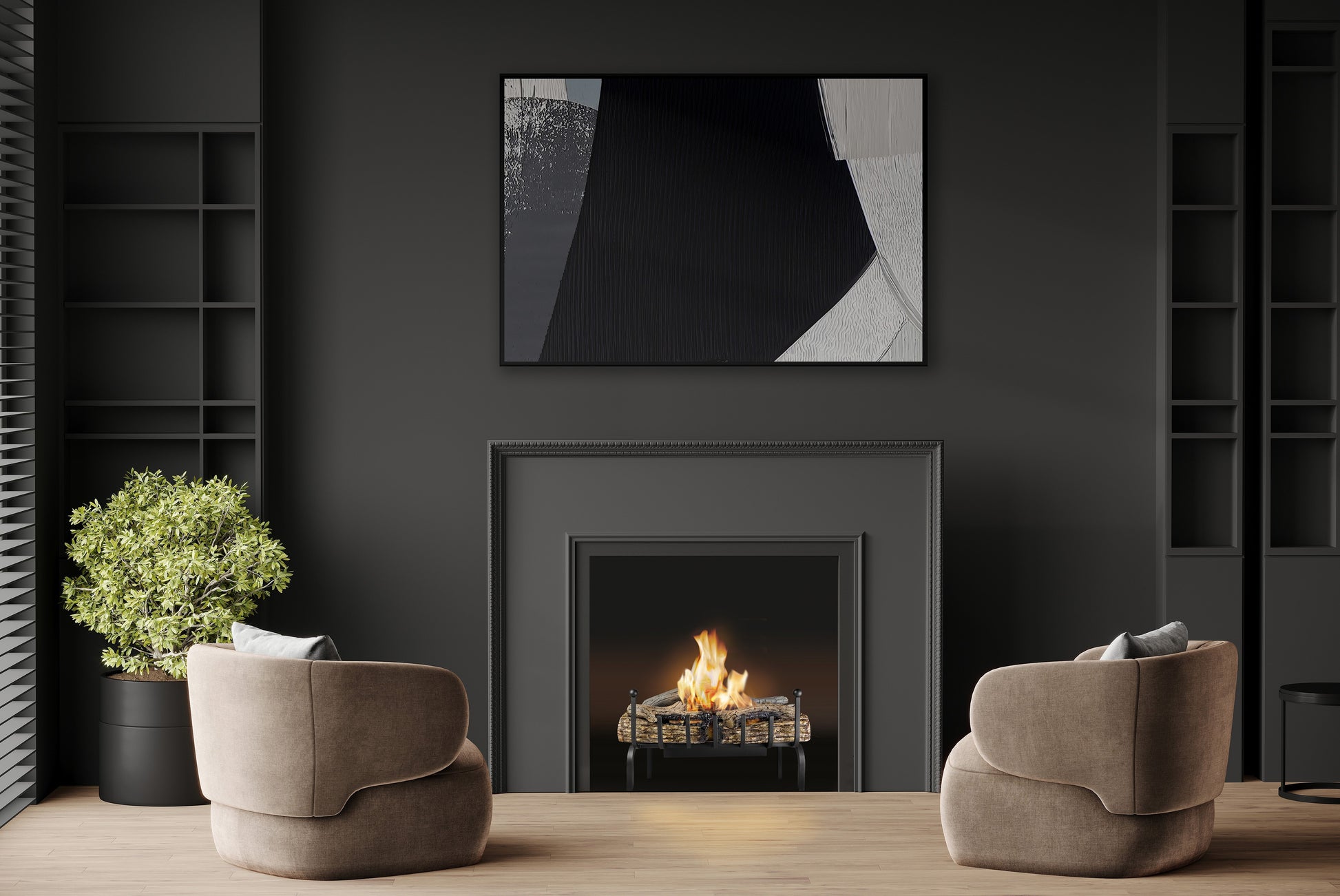 VERMONT Bioethanol Grate in living room with black mantel piece and artwork above