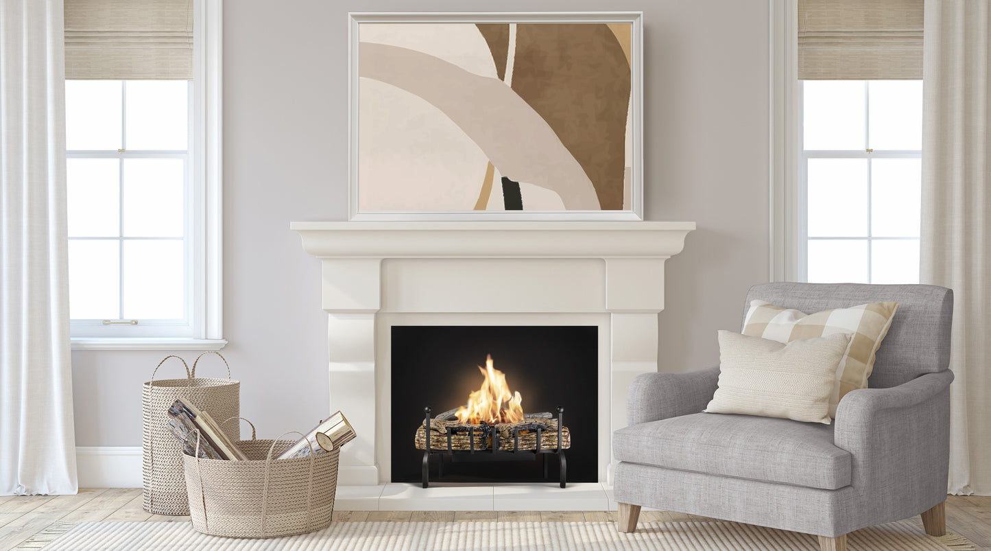 VERMONT Bioethanol Grate in living room with white mantelpiece and artwork on top